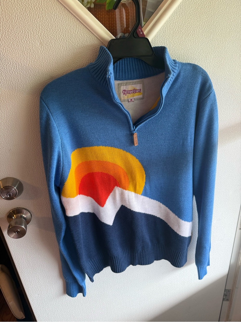 Tipsy Elves Wolfgang Retro Mountain 1/4 Zip Ski Sweater Blue Mens Size Large